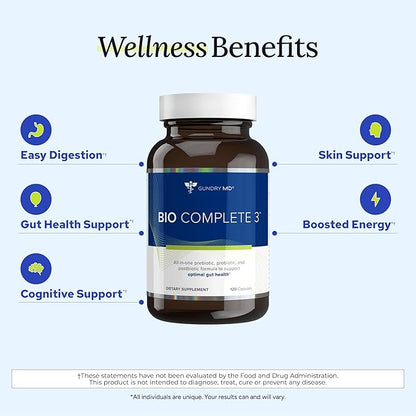 Gundry MD® Bio Complete 3, 3-in-1 Probiotics for Gut Health, Probiotic Supplements for Digestion, Supplement Supporting Bloating, Gas, Food Cravings, Energy Levels, Skin, and Focus, 30 Day Supply