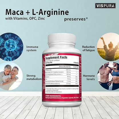Maca Root Capsules 5000 mg + L-Arginine, Vitamins B6 + B12, OPC and Zinc, Energy Boosting Formula* for Men and Women, 120 Vegan Tablets with Organic Maca Peruana Extract