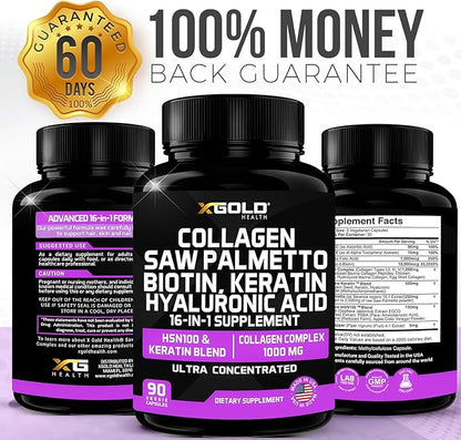 Collagen, Saw Palmetto, Biotin, Keratin, Keratin & Hyaluronic Acid - 16-in-1 Beauty Supplement with Vitamin C & E, Collagen Complex, Keratin Blend & HSN100 - Hair, Skin & Nail Growth - 90 Capsules