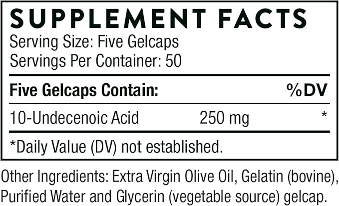 THORNE Undecylenic Acid (Formerly Formula SF722) - 250 mg of Undecylenic Acid - for a Healthy Balance of Gut & Vaginal Flora - Gluten Free - 250 Gelcaps - 50 Servings