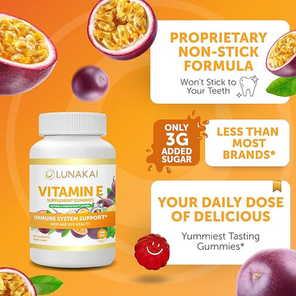 Vitamin E Gummies with Vitamin C - Tastiest Proprietary Formula - 250mg (400IU) Vit E - Antioxidant, Skin & Eye Health Support, Non-GMO, Vegan Vitamin E Supplement - Natural Vitamina E Gummy - 6 Pack