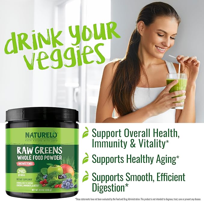 NATURELO Raw Greens Superfood Powder - Unsweetened - Boost Energy, Detox, Enhance Health - Organic Spirulina - Wheat Grass - Whole Food Nutrition from Fruits and Vegetables - 240 Grams
