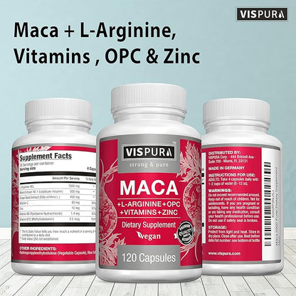 Maca Root Capsules 5000 mg + L-Arginine, Vitamins B6 + B12, OPC and Zinc, Energy Boosting Formula* for Men and Women, 120 Vegan Tablets with Organic Maca Peruana Extract