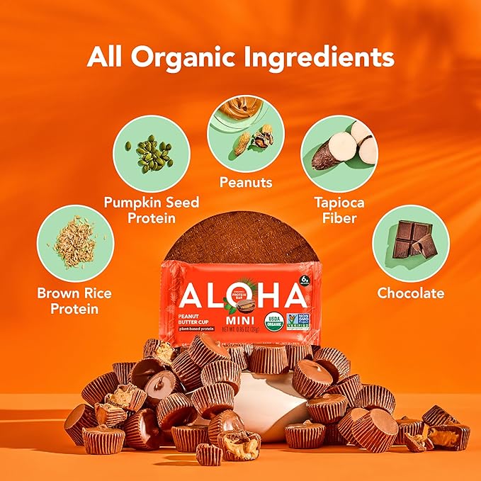 ALOHA Organic Plant Based Protein Bar MINIS |Peanut Butter Cup | 20 Count, 24g Bars | Vegan, Low Sugar, Gluten Free, Low Carb, Non-GMO, Stevia Free, Soy Free, No Sugar Alcohols