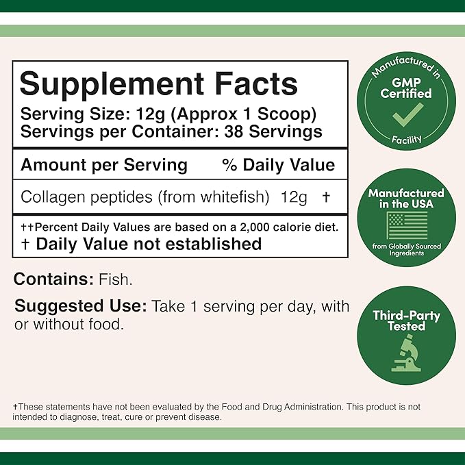 Double Wood Supplements Marine Collagen Powder (1 LB 16 OZ (38 Servings 12 Grams