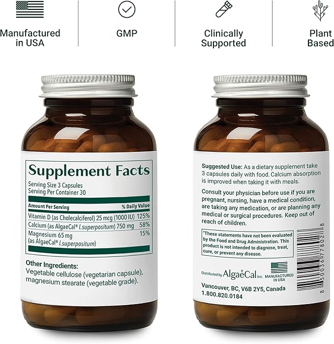 ALGAECAL - Plant Based Calcium Supplement D3 (1000 (1000 IU) 13 Minerals (750 mg) 90 Veggie