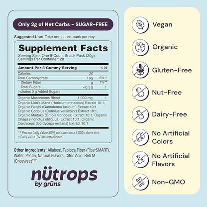 Nutrops Sugar-Free Functional Nootropics Mushroom Gummies for adult, Herbal Brain Supplement Gummy for Energy, Brain Health, Mood & Focus - Lions Mane, Cordyceps, Reishi, Maitake, Chaga & Coriolus Blend, 28 serve