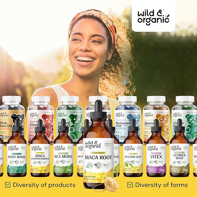Wild & Organic Maca Root Liquid Drops - Alcohol Free Maca Root Tincture - Peruvian Maca Supplement for Women and Men - Vegan, Sugar Free Maca Drops - 4 fl oz