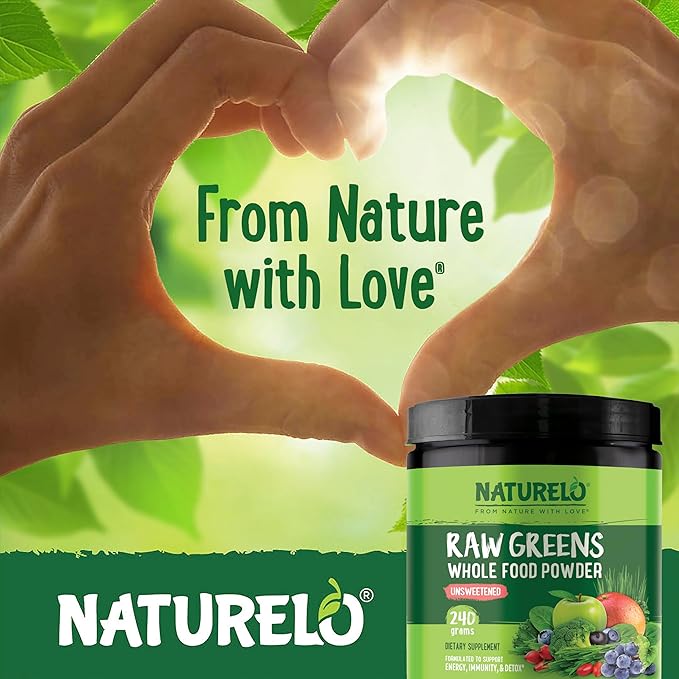 NATURELO Raw Greens Superfood Powder - Unsweetened - Boost Energy, Detox, Enhance Health - Organic Spirulina - Wheat Grass - Whole Food Nutrition from Fruits and Vegetables - 240 Grams