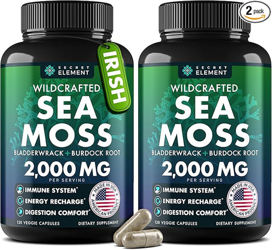 Sea Moss Capsules - Irish Sea Moss Advanced with Burdock Root, Bladderwrack & Muira Puama for Immunity, Gut, & Energy - Superfood Sea Moss Supplements w/Raw Sea Moss Powder (2 Pack)