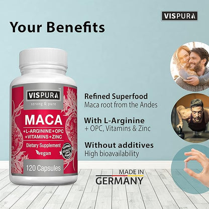 Maca Root Capsules 5000 mg + L-Arginine, Vitamins B6 + B12, OPC and Zinc, Energy Boosting Formula* for Men and Women, 120 Vegan Tablets with Organic Maca Peruana Extract