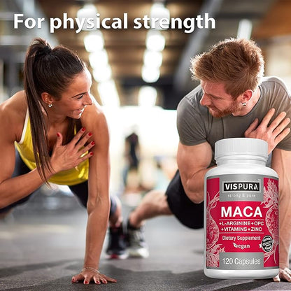 Maca Root Capsules 5000 mg + L-Arginine, Vitamins B6 + B12, OPC and Zinc, Energy Boosting Formula* for Men and Women, 120 Vegan Tablets with Organic Maca Peruana Extract