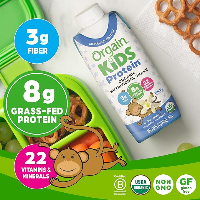 Orgain Organic Kids Nutritional Protein Shake, 8g Dairy 3g Fiber, 22 Vitamins 8.25 Fl 12)