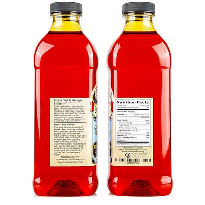 Dutchman’s Popcorn Oil Butter Flavor, Perfect Pop Butter Flavored Canola Oil, 33.8 oz. Colored with Natural Beta Carotene, Make Theater Style Popcorn at Home, Vegan, Healthy, Zero Trans Fat