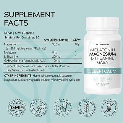 Magnesium Glycinate 275mg Melatonin 5mg L-Theanine 200mg GABA 100mg Capsules - Full Rest Nighttime Bedtime Support Supplement for Men Women - Vegan Sugar-Free Gluten-Free