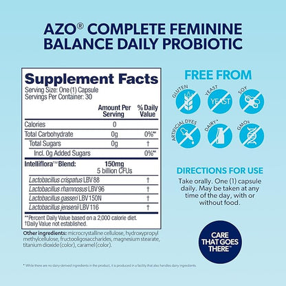 AZO Complete Feminine Balance Daily Probiotics for Women, Clinically Proven to Help Protect Vaginal Health, balance pH and yeast, Non-GMO, 30 Count