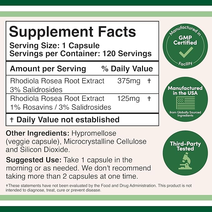 Rhodiola Rosea Supplement 500mg, 120 Vegan 3% Salidrosides, 1% Rosavins