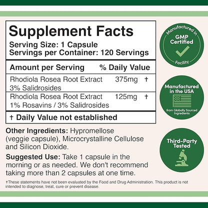 Rhodiola Rosea Supplement 500mg, 120 Vegan 3% Salidrosides, 1% Rosavins