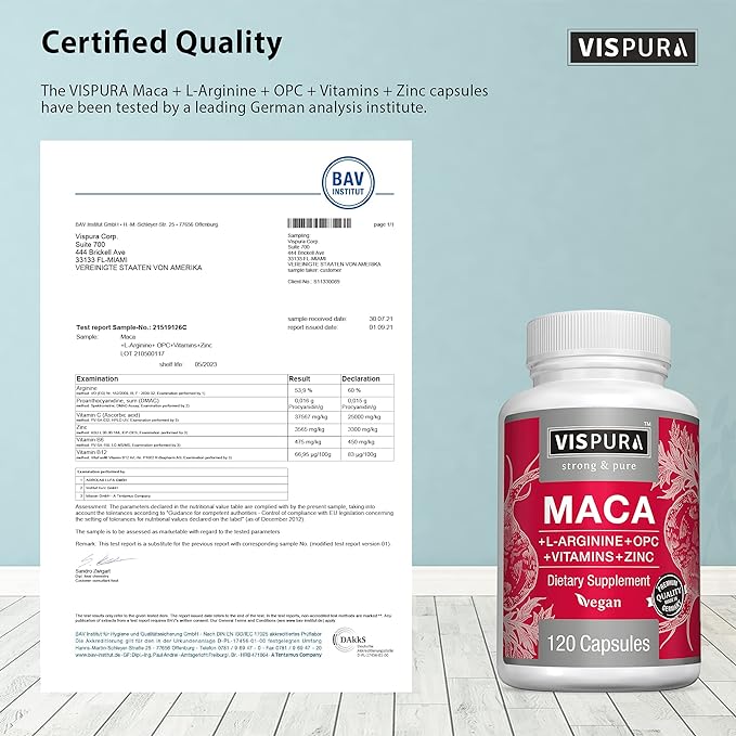 Maca Root Capsules 5000 mg + L-Arginine, Vitamins B6 + B12, OPC and Zinc, Energy Boosting Formula* for Men and Women, 120 Vegan Tablets with Organic Maca Peruana Extract