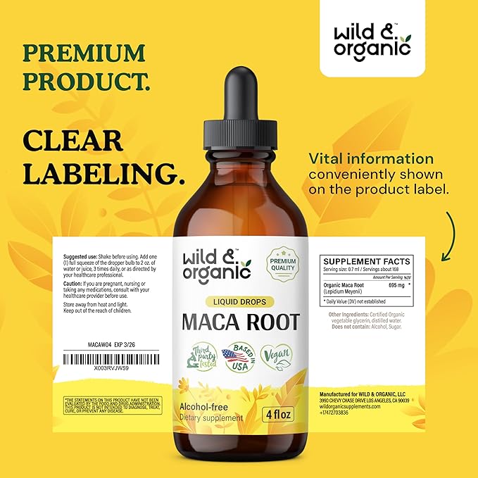 Wild & Organic Maca Root Liquid Drops - Alcohol Free Maca Root Tincture - Peruvian Maca Supplement for Women and Men - Vegan, Sugar Free Maca Drops - 4 fl oz