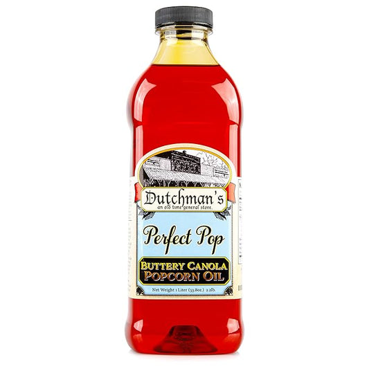 Dutchman’s Popcorn Oil Butter Flavor, Perfect Pop Butter Flavored Canola Oil, 33.8 oz. Colored with Natural Beta Carotene, Make Theater Style Popcorn at Home, Vegan, Healthy, Zero Trans Fat