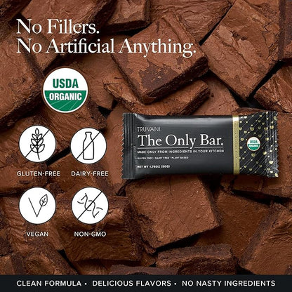 Truvani Plant Based Snack Bars | Chocolate Brownie 12 Pack | 7g Protein | USDA Organic and Vegan | The Only Bar | Dairy, Soy, and Gluten Free | Individually Wrapped